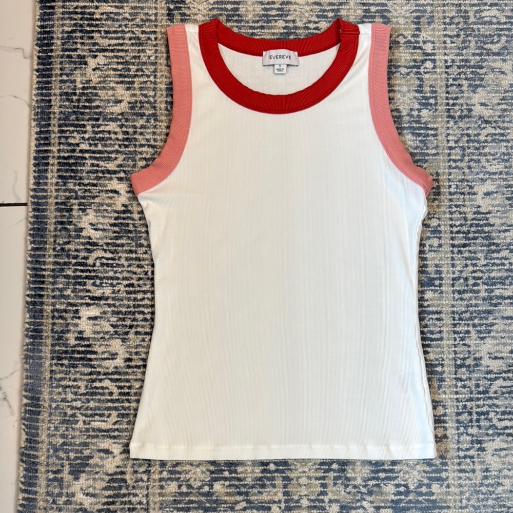Evereve White Tank Top with Red Neckline and Pink Arm Trim